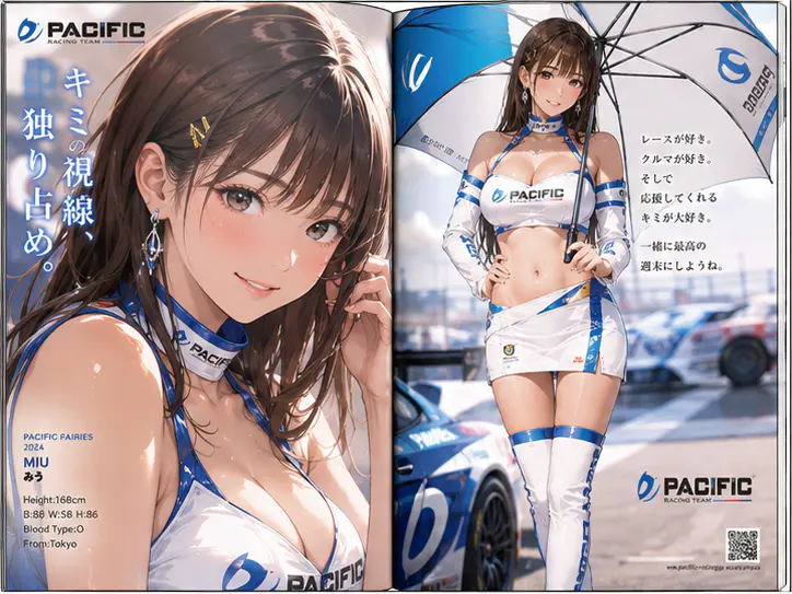 レースクィーン雑誌の見開きページを作成。 接写あり。 日本人モデル。 スタイルを変えて4枚作成。 アニメイラスト調。