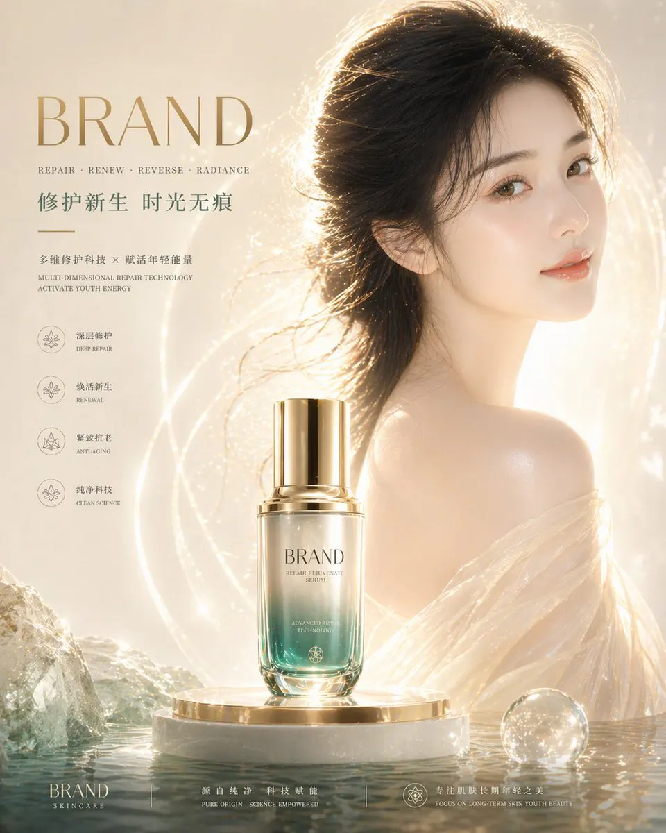 重点强化皮肤质感: 肌肤通透白皙,真实细腻,毛孔隐约可见但干净,肤质均匀细滑,无瑕疵感,呈现健康水润光泽(dewy...