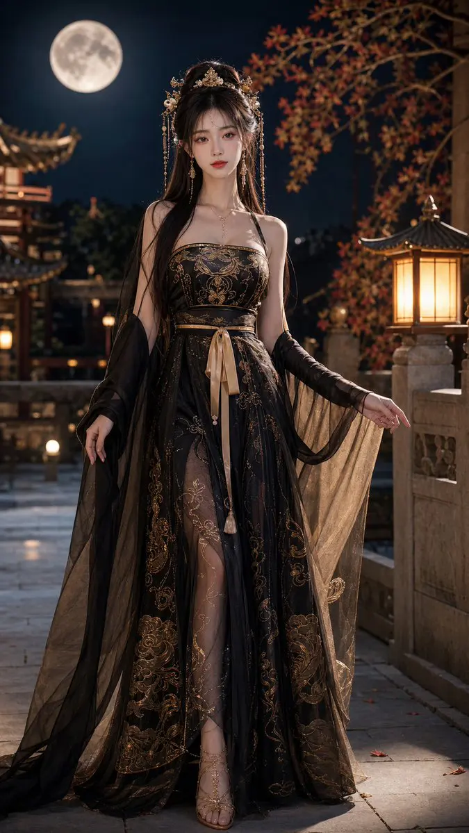 18歲中國美女,成年女性,精緻五官,長髮,身材修長,穿著性感但高雅的黑金色唐制齊胸襦裙改良漢服,薄紗披帛,金色雲紋...
