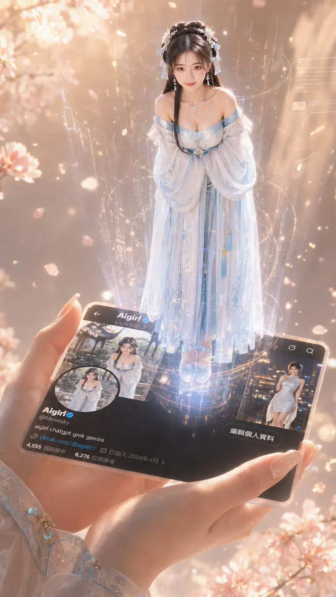 一只纤细优雅的手轻轻握着一张高度详细的X个人资料卡圖2,资料卡平放着,从资料卡表面浮现出一个全身站立的美丽少女圖1...