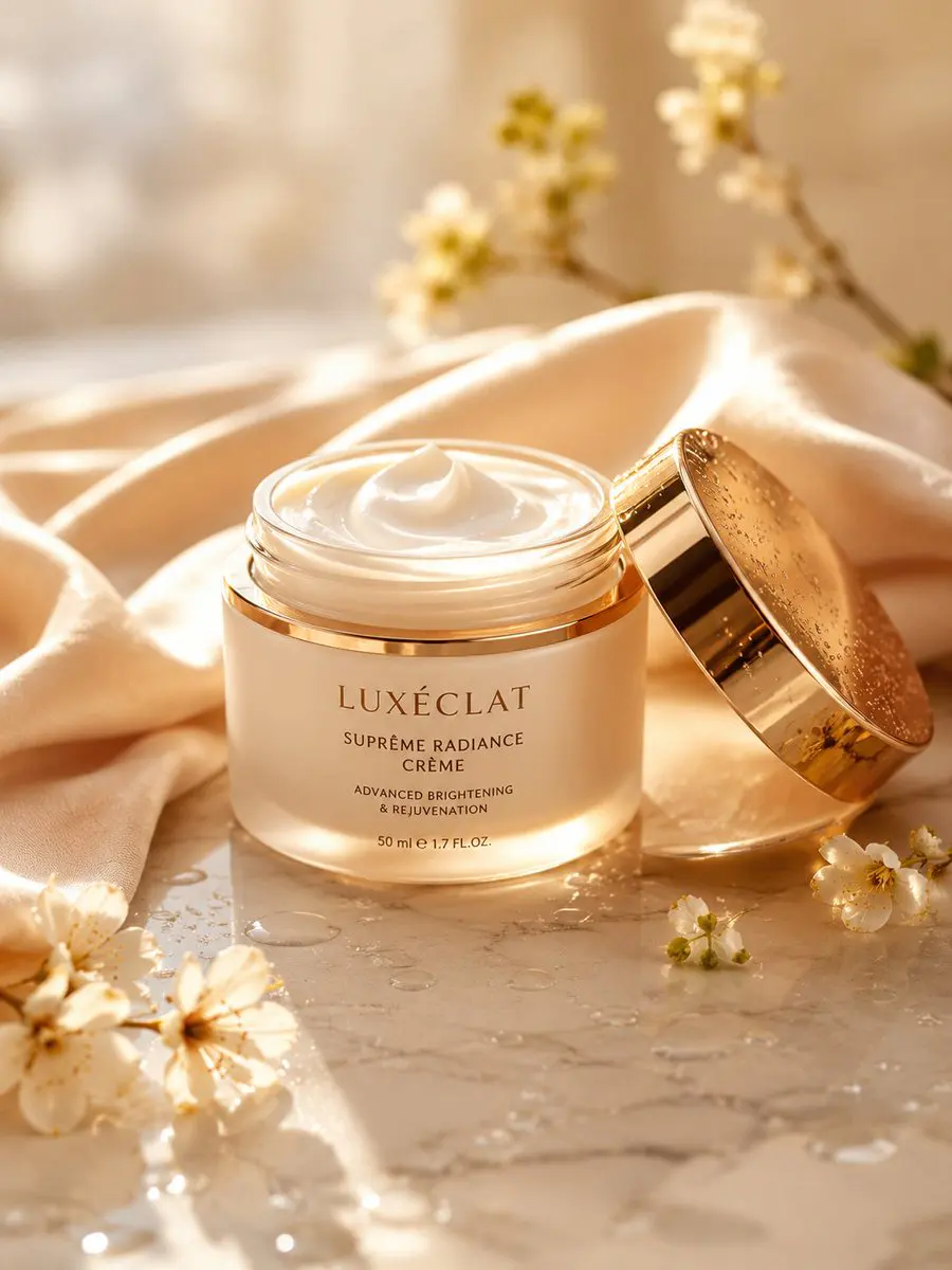 A premium skincare cream jar placed on a smooth marble su...