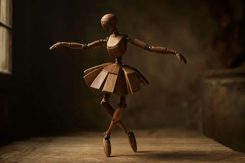 A wooden automaton version of a [subject], jointed with b...