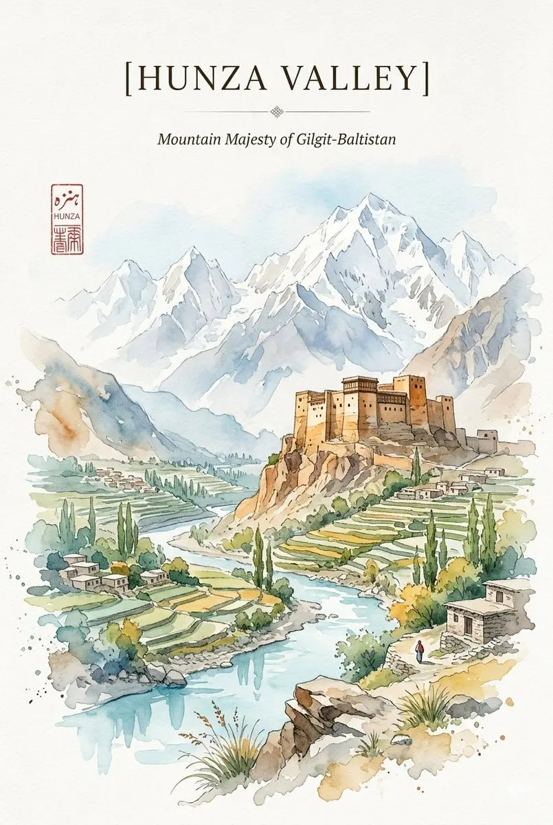 Watercolor travel poster that harmonizes the rugged herit...