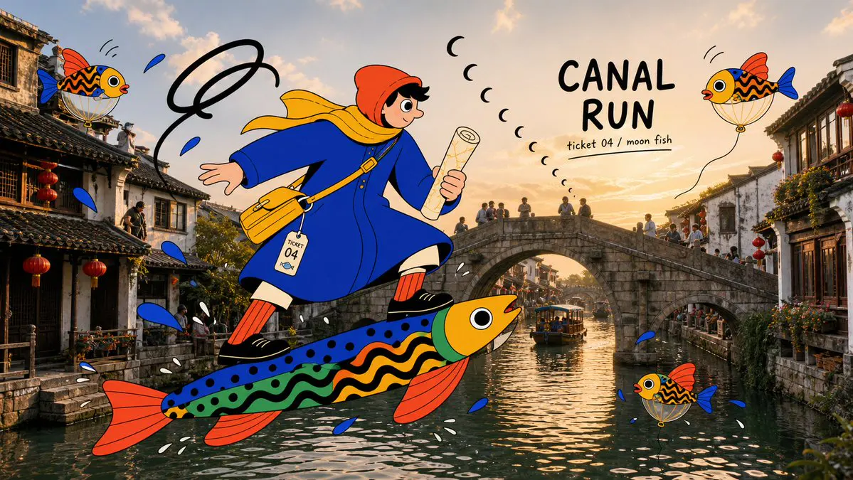 Create an image in the "Surreal Fish Doodle Landmark Phot...