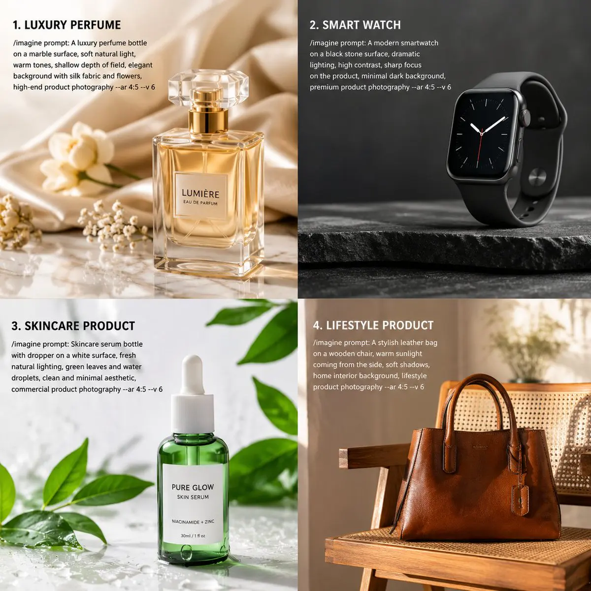 generate High-quality Midjourney prompts for product phot...