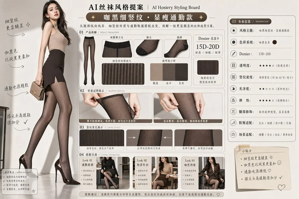 请生成一张横向 4:3 的中文版「AI丝袜风格提案 / AI Hosiery Styling Board」图片。