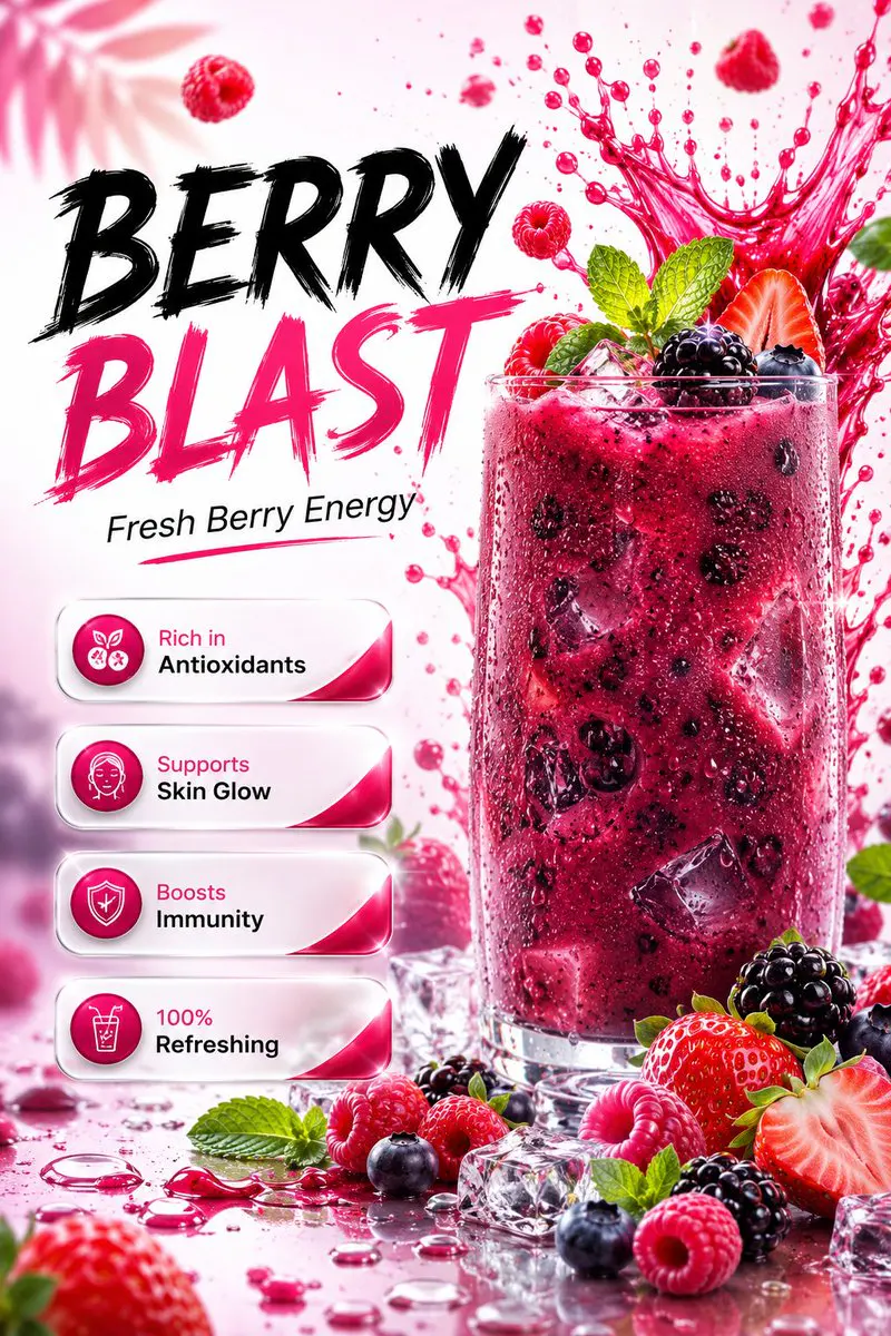 Ultra-realistic premium mixed berry beverage advertisemen...
