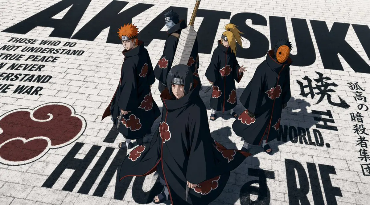 Five handsome Akatsuki members from Naruto standing at th...