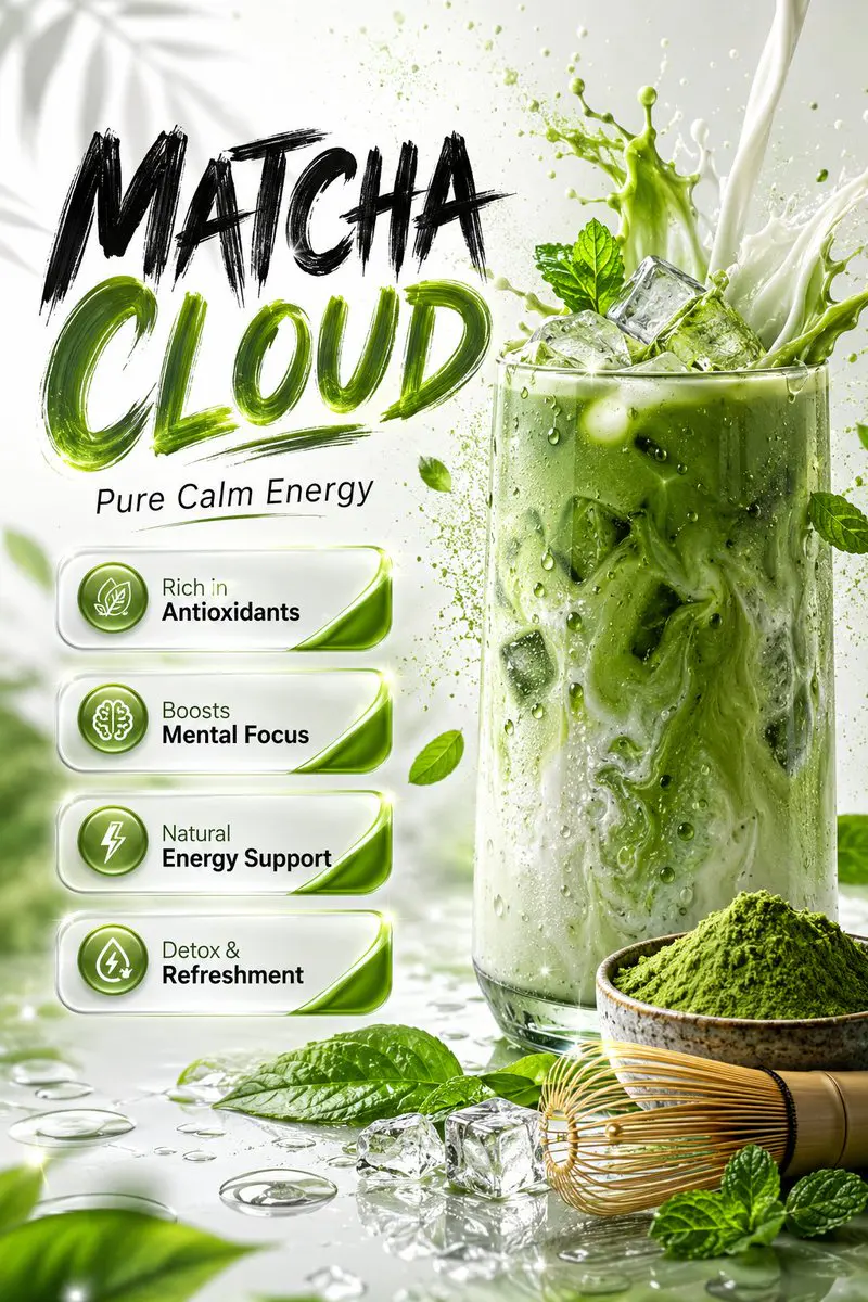 Ultra-realistic premium matcha beverage advertisement pos...
