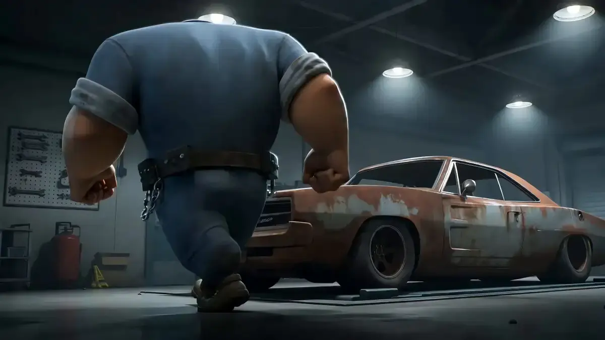 Stylized 3D animation with exaggerated proportions, sharp...