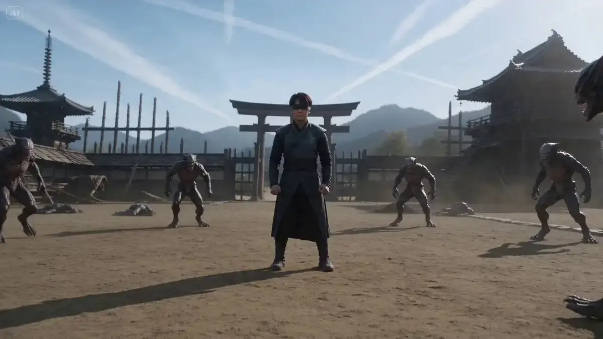 cinematic martial arts confrontation in broad daylight, a...