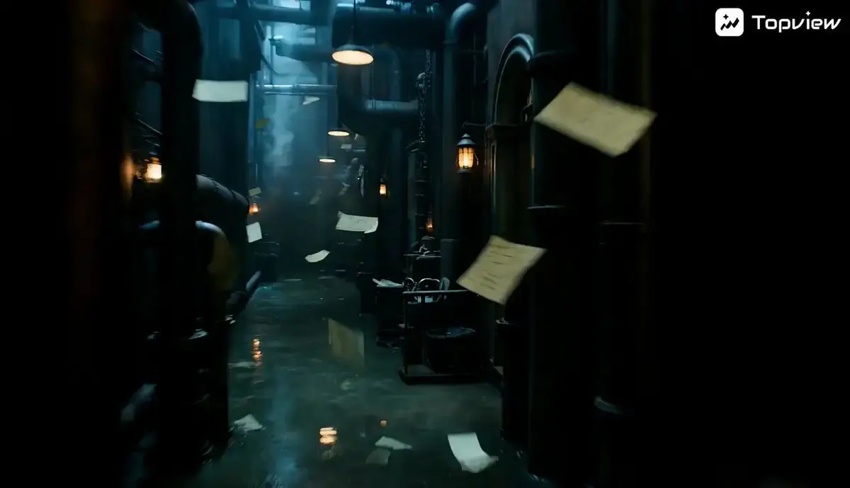 Noir fantasy film sequence. Opening shot: The camera ente...