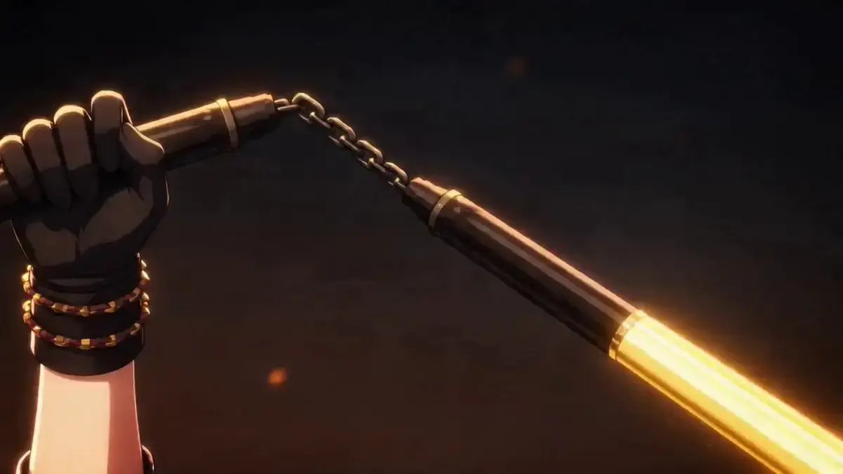 A glowing golden nunchaku spins rapidly in both hands, ca...