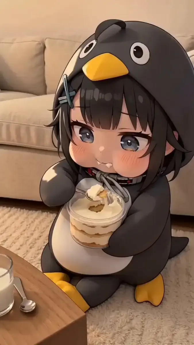 A super cute chibi-style anime cartoon little penguin gir...