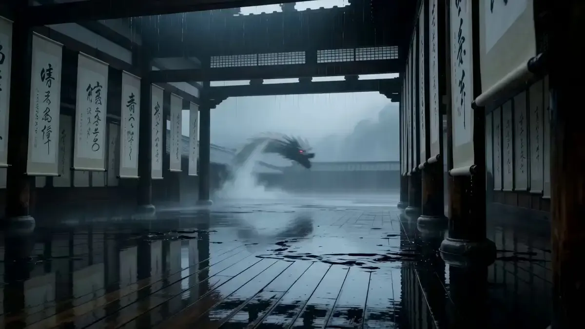 A silent monk in soaked black robes stands in an abandone...