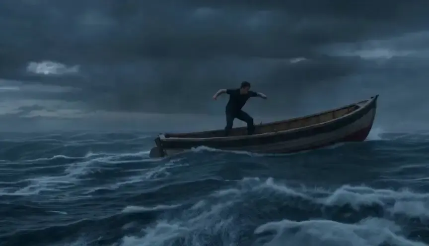 A lone man struggles to steady himself on a small boat in...