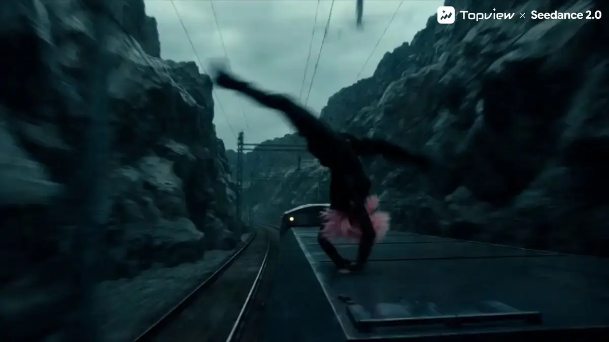 Dramatic low-angle tracking shot speeding along rain-slic...