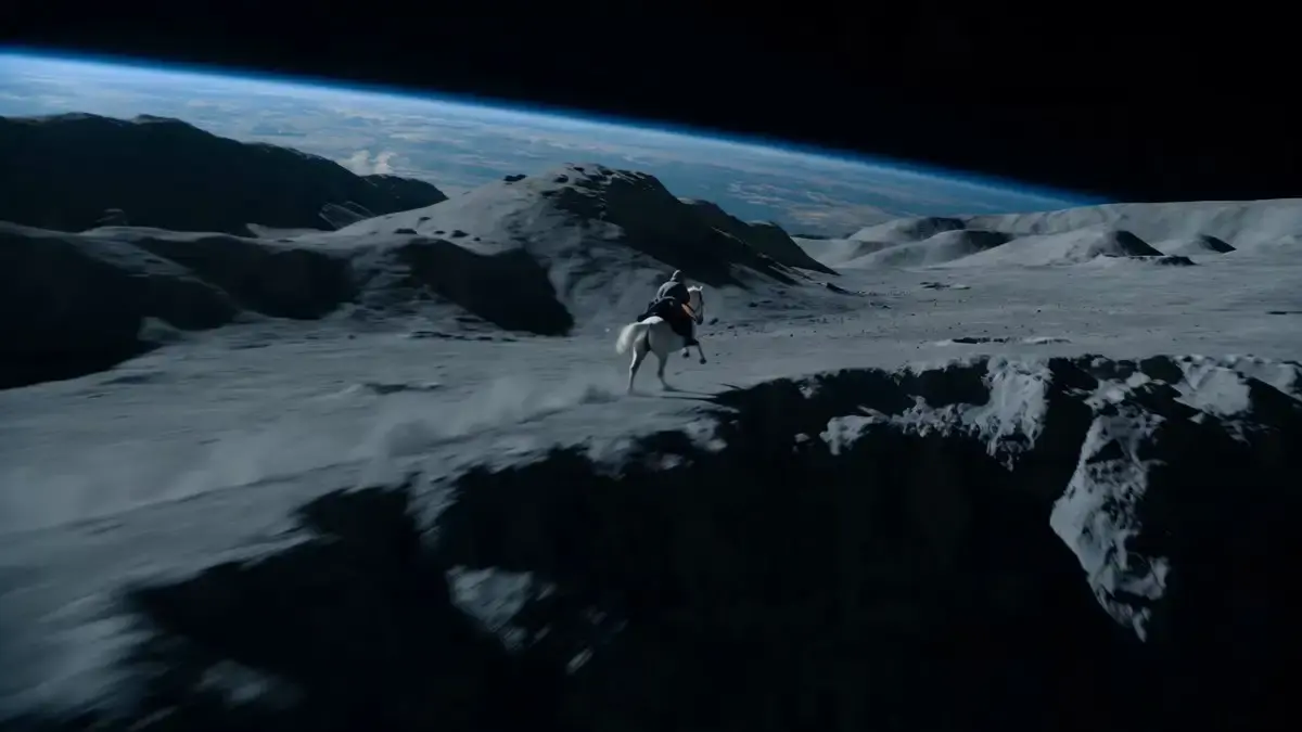 Open on a majestic lunar landscape under black sky, silve...