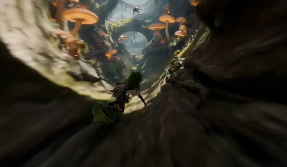 A nimble fae-ranger diving on a leaf-bladed wind-board do...