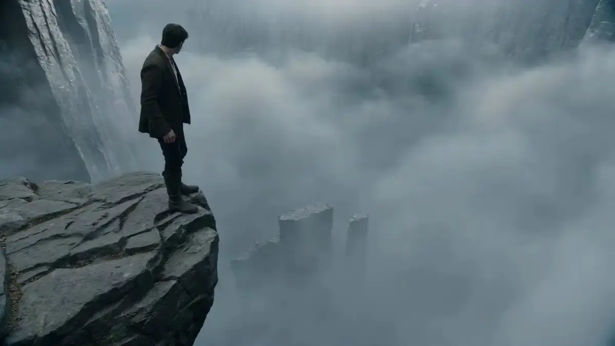 An adventurer descends from one towering cliff edge to an...