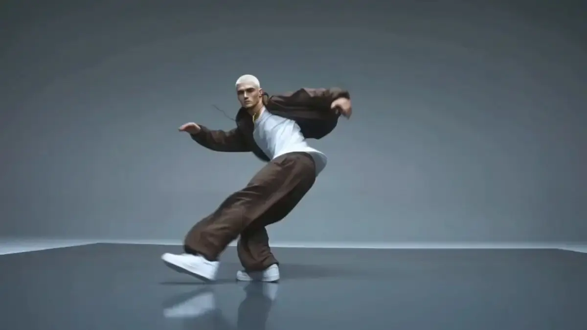 A male street dance expert, white buzz cut, wearing small...