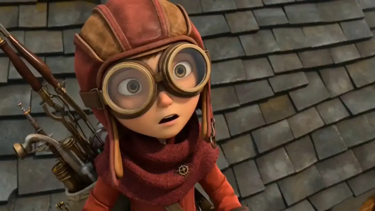 A bold little girl in a crimson aviator hood, brass goggl...