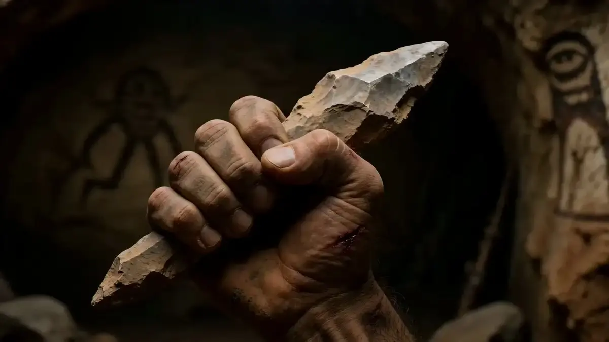 A one-take begins in extreme close-up on a Stone Age hand...