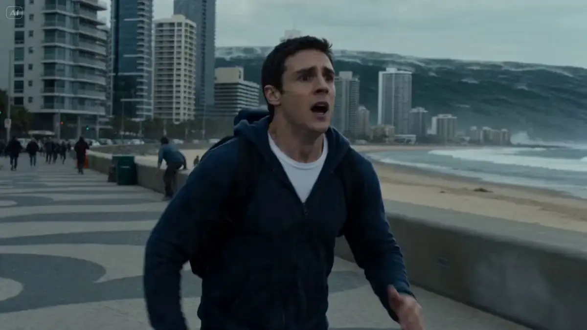 A man sprinting through a coastal city, panic in his eyes...