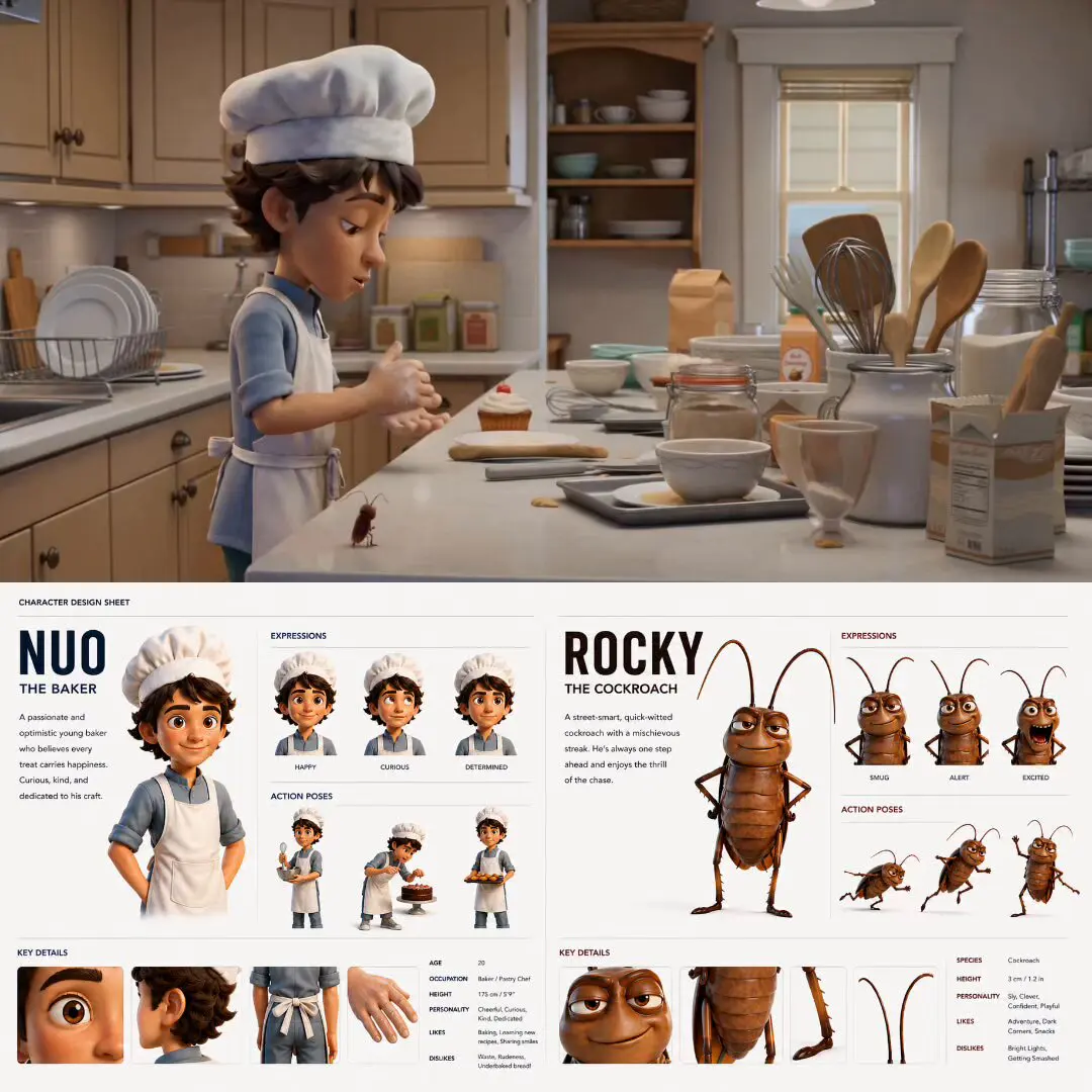 A professional 3D character design sheet displays two dis...