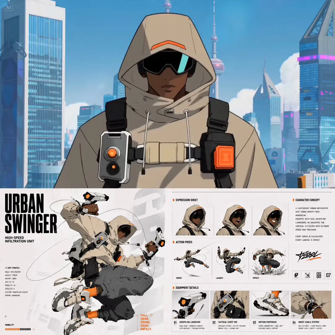 A dynamic character concept sheet showcases a "High-Speed...