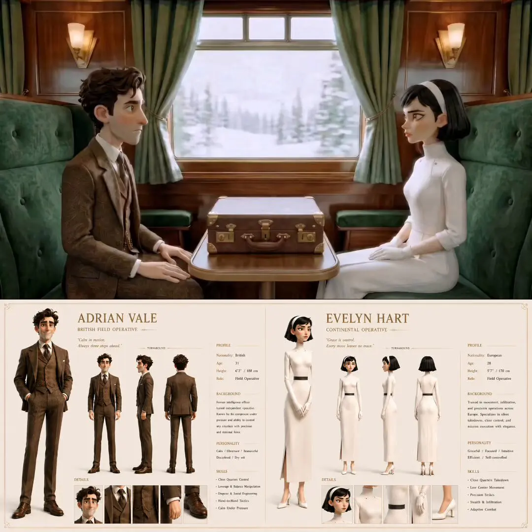 A stylized character design sheet features two sophistica...