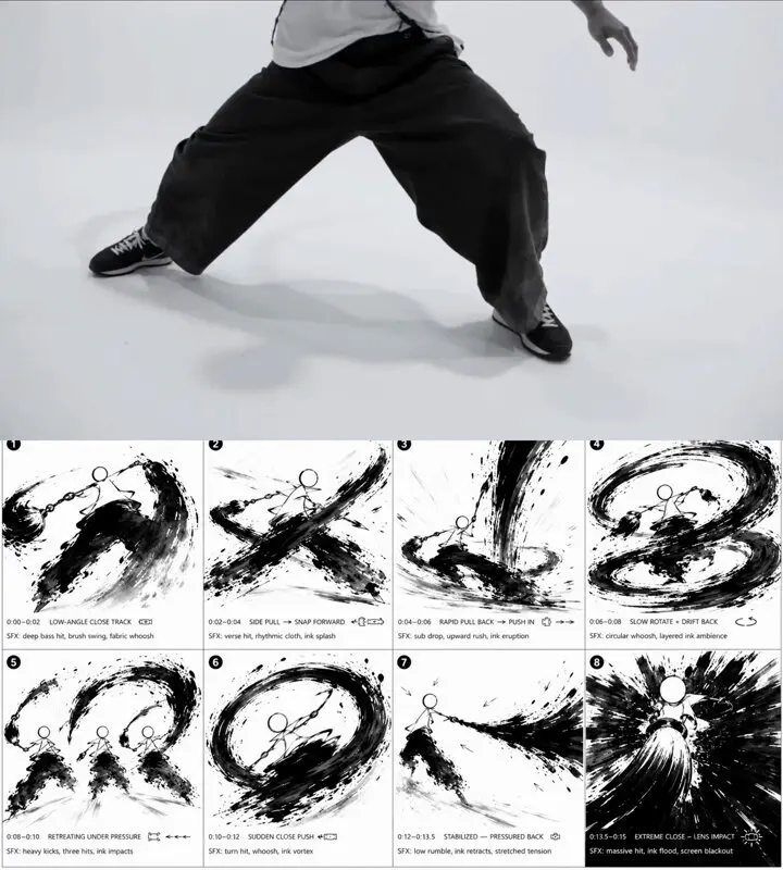 Create a director-style PREVIS action storyboard focused ...