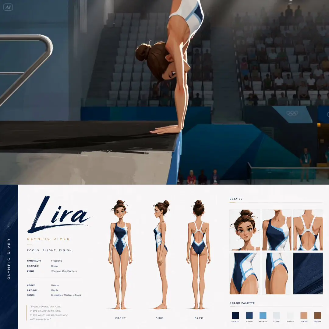 A professional character concept art sheet featuring Lira...