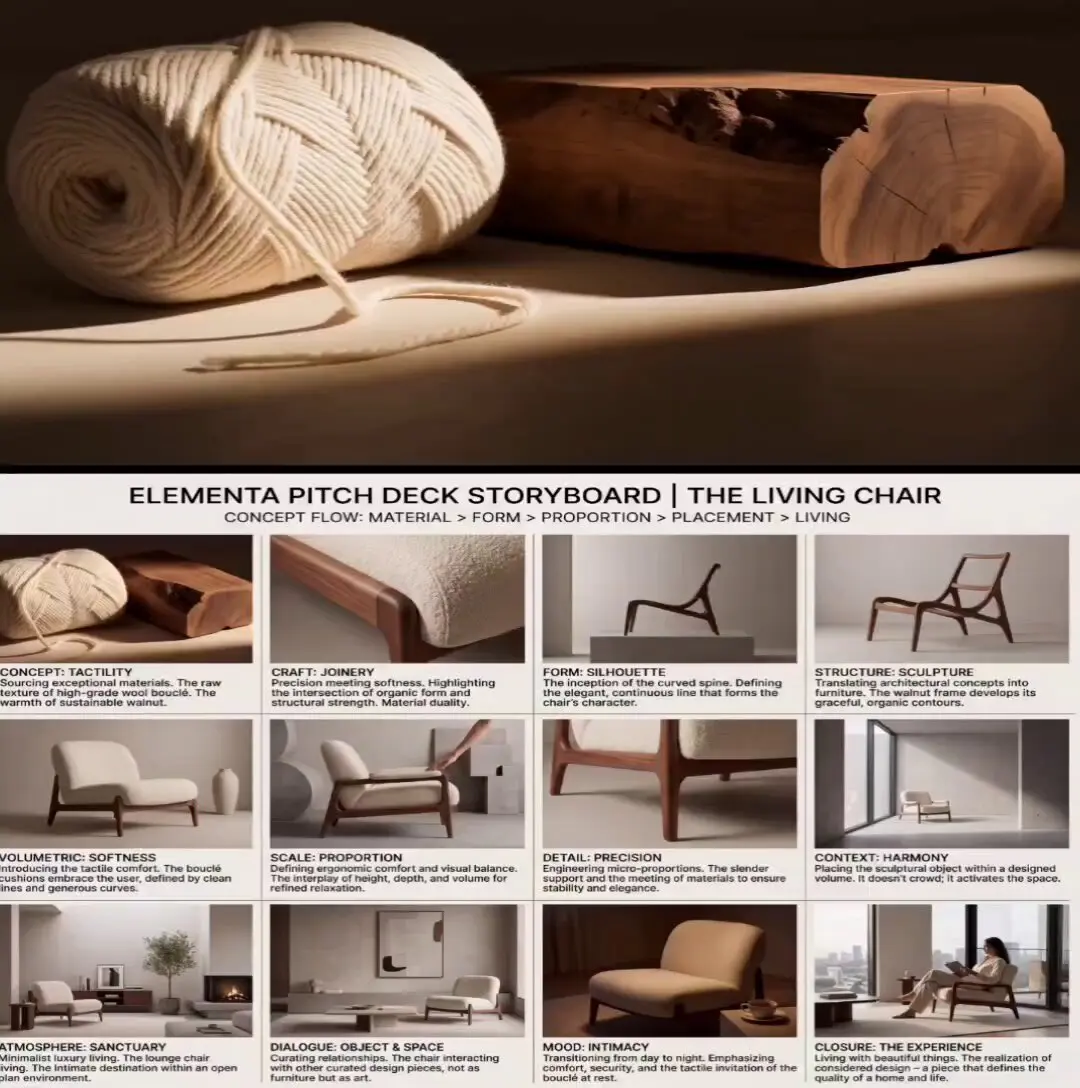 Create a high-end 4:3 luxury furniture pitch deck storybo...