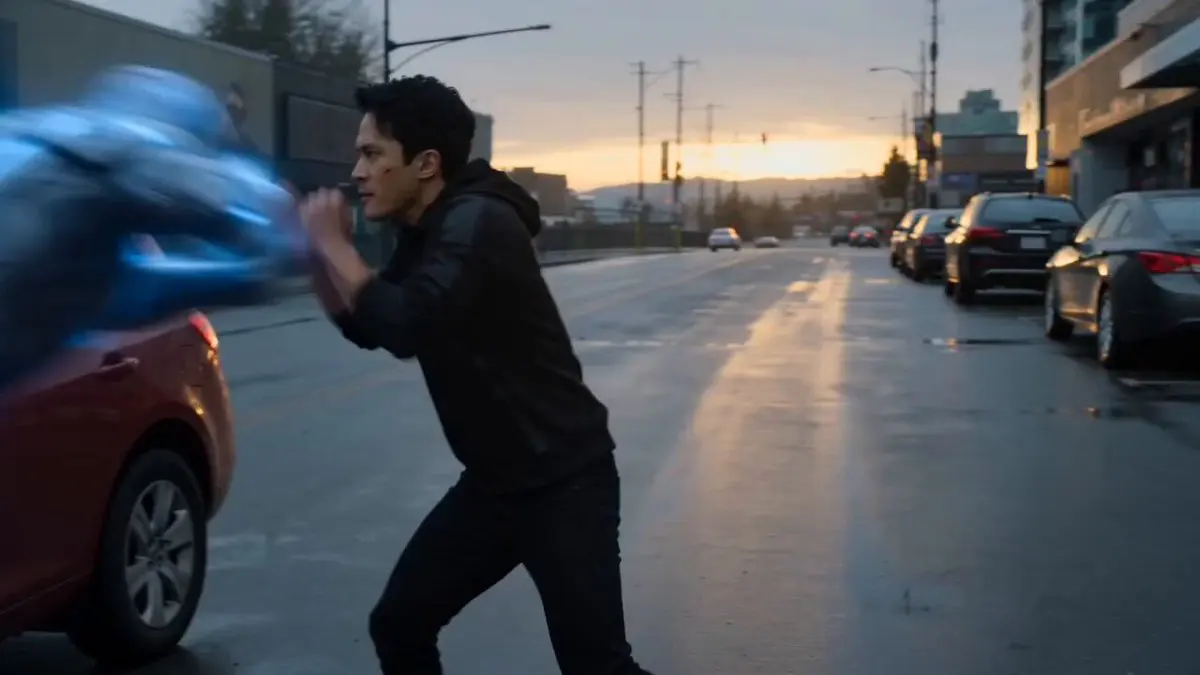 An intense, cinematic, slow-motion action sequence on a d...