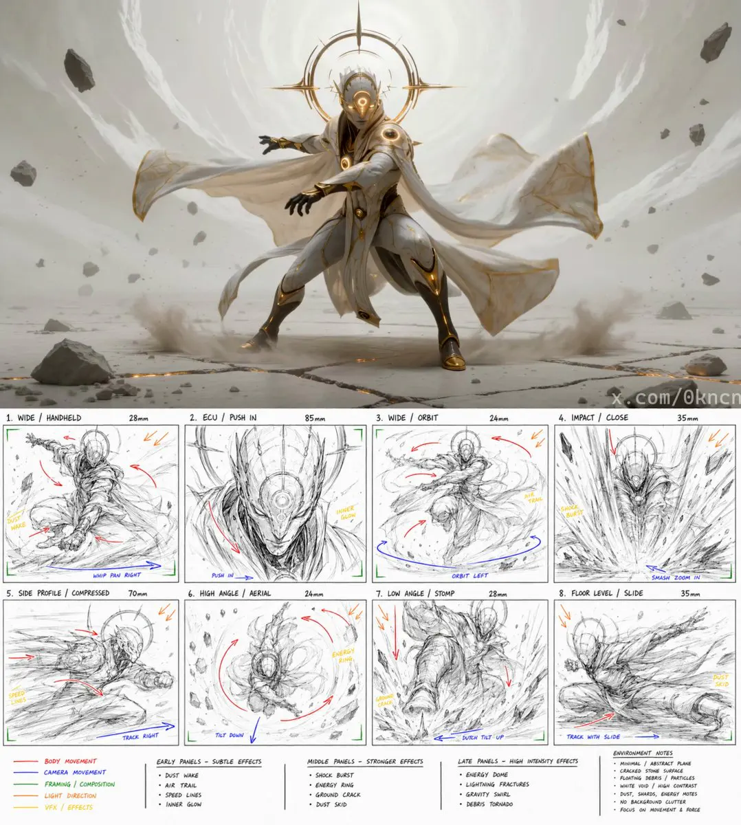 Create a 16:9 character concept sheet for a celestial voy...