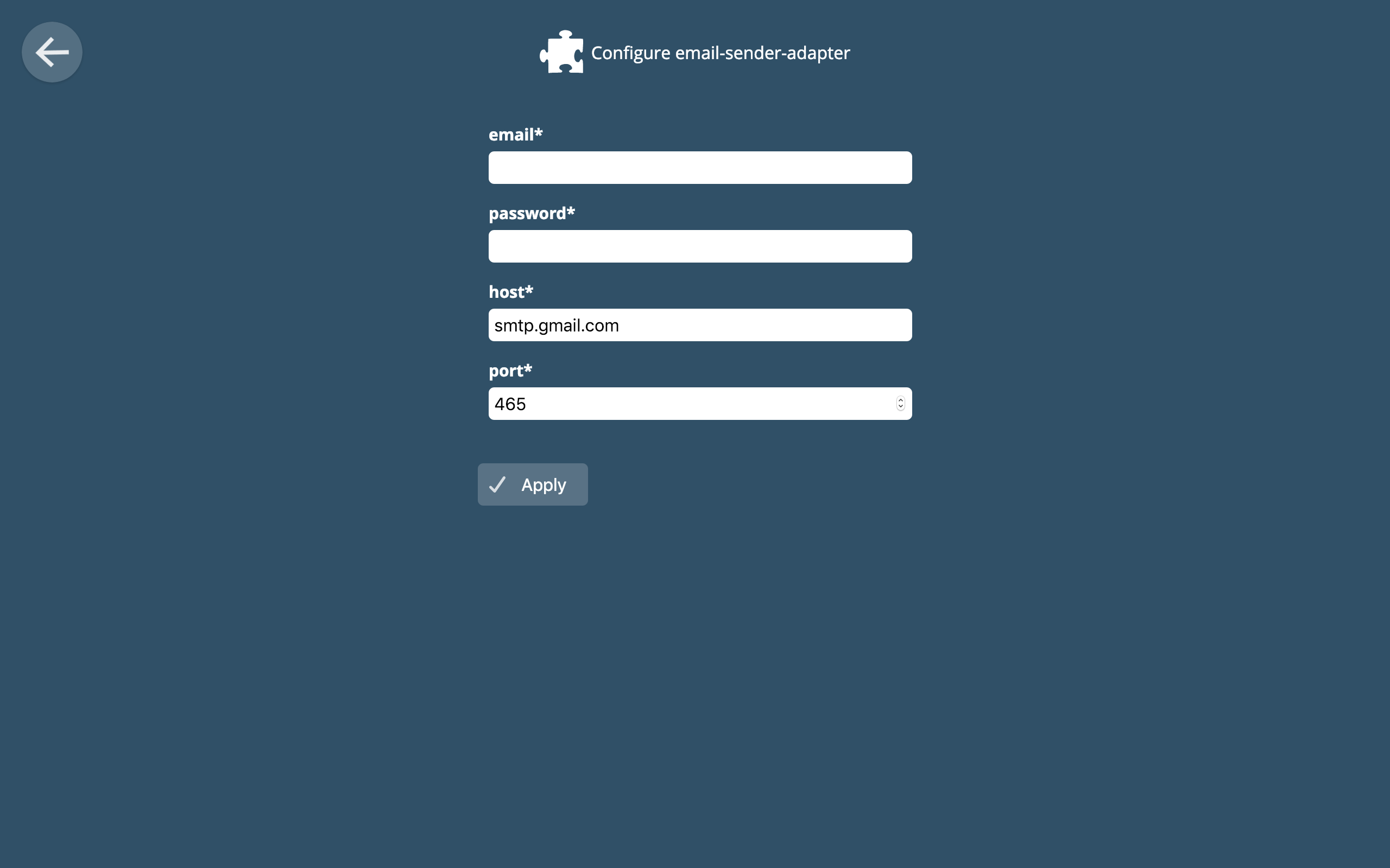 Configuration screen for the email sender adapter