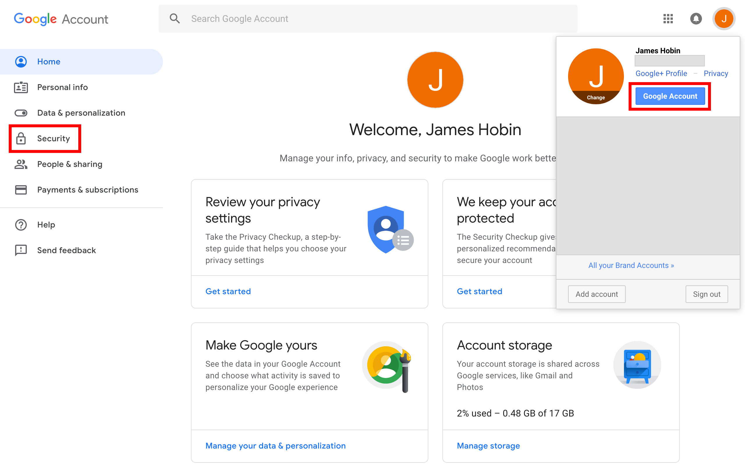 The profile icon dropdown with the Google Account and Security links highlighted