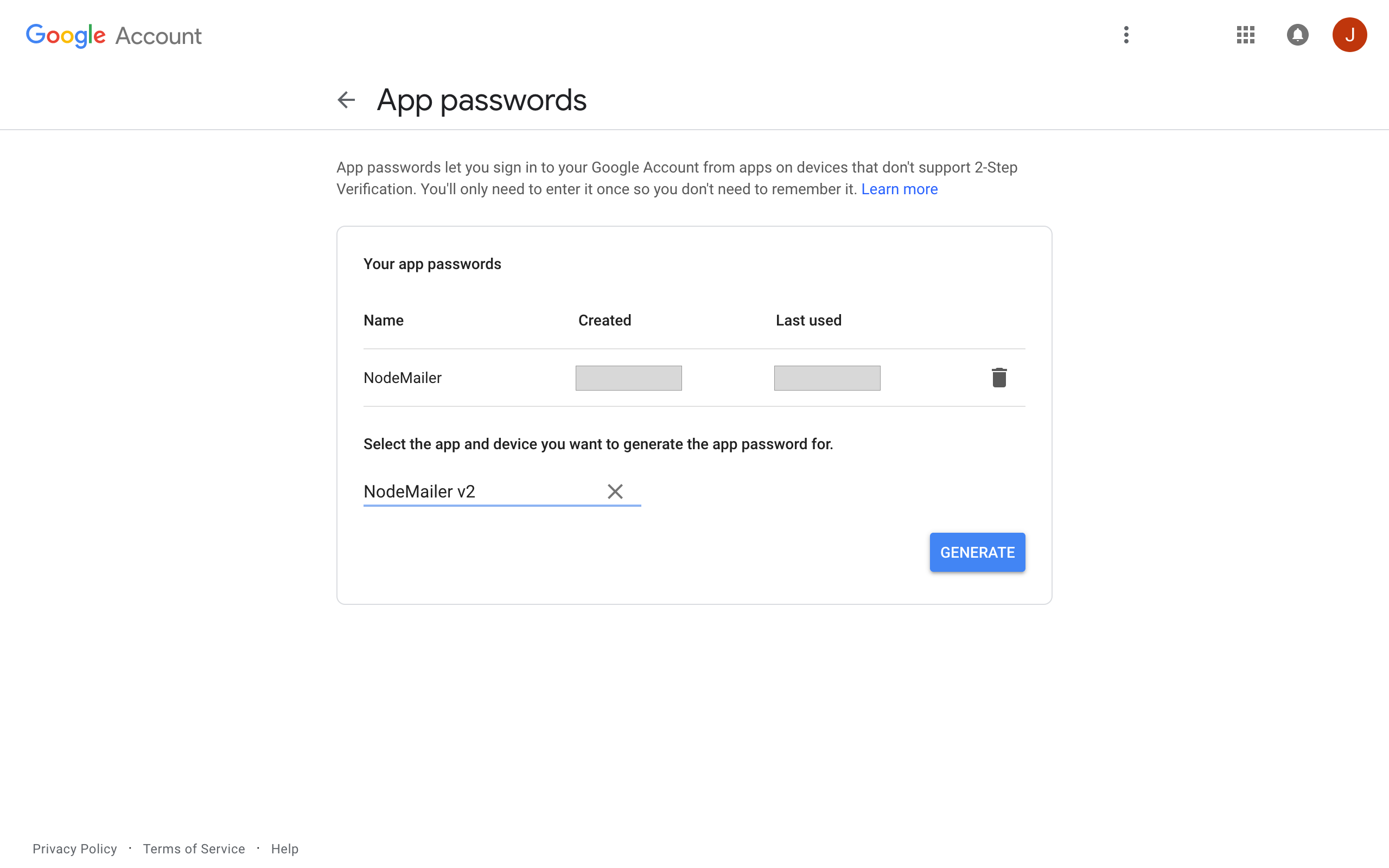 Generate App password view