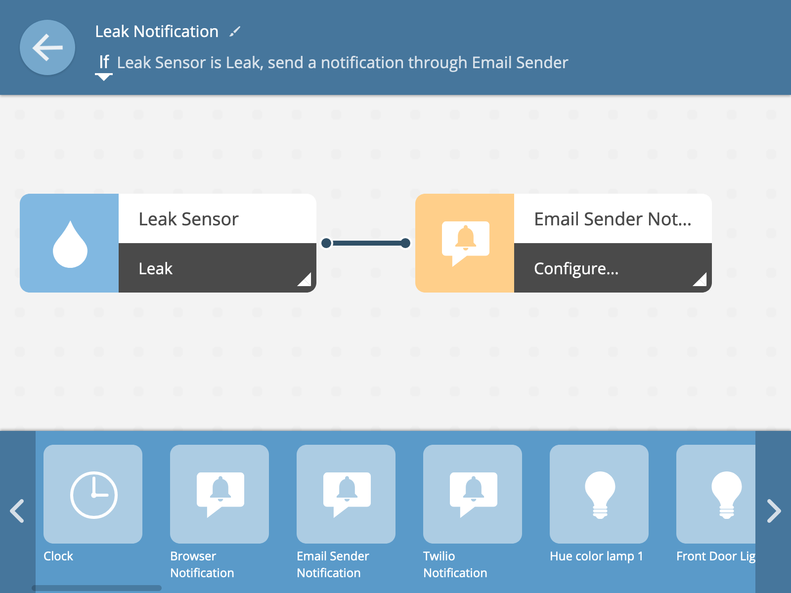 Image of a basic email-sending rule where a leak sensor is connected to email notification