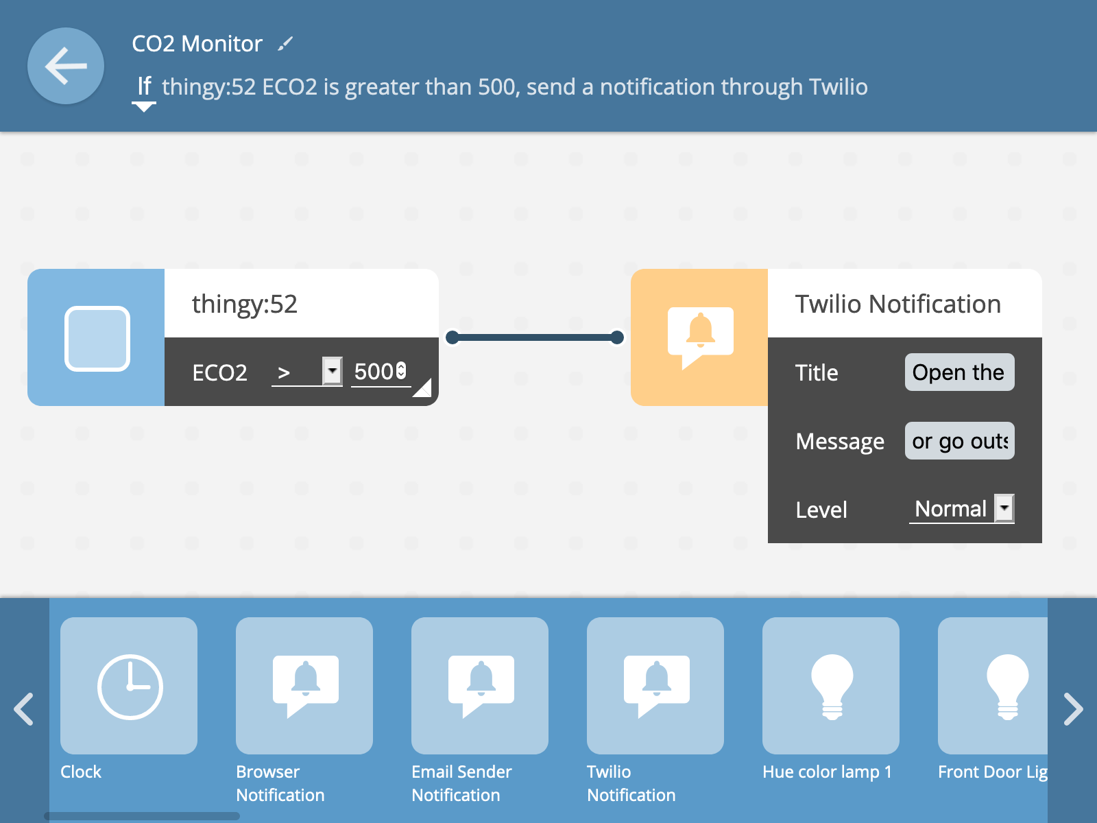 The rule screen with a Twilio notification block being configured