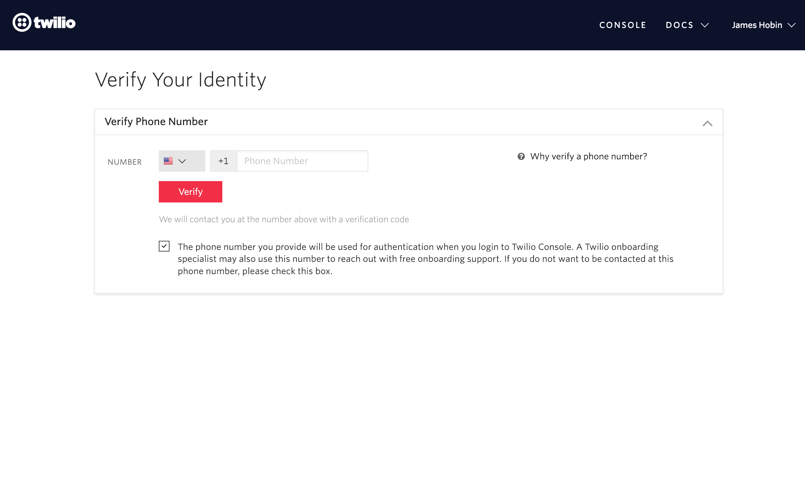 Twilio's verify phone number form