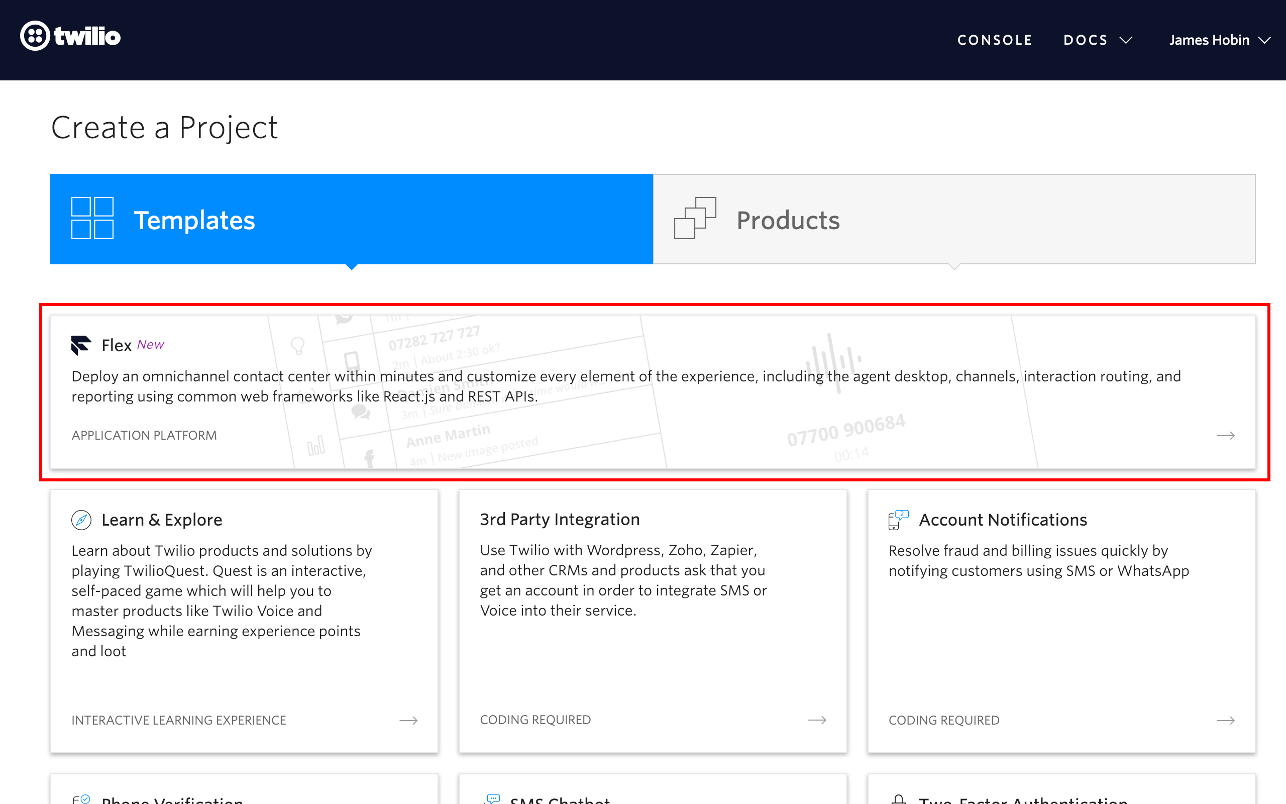 Twilio's create project page