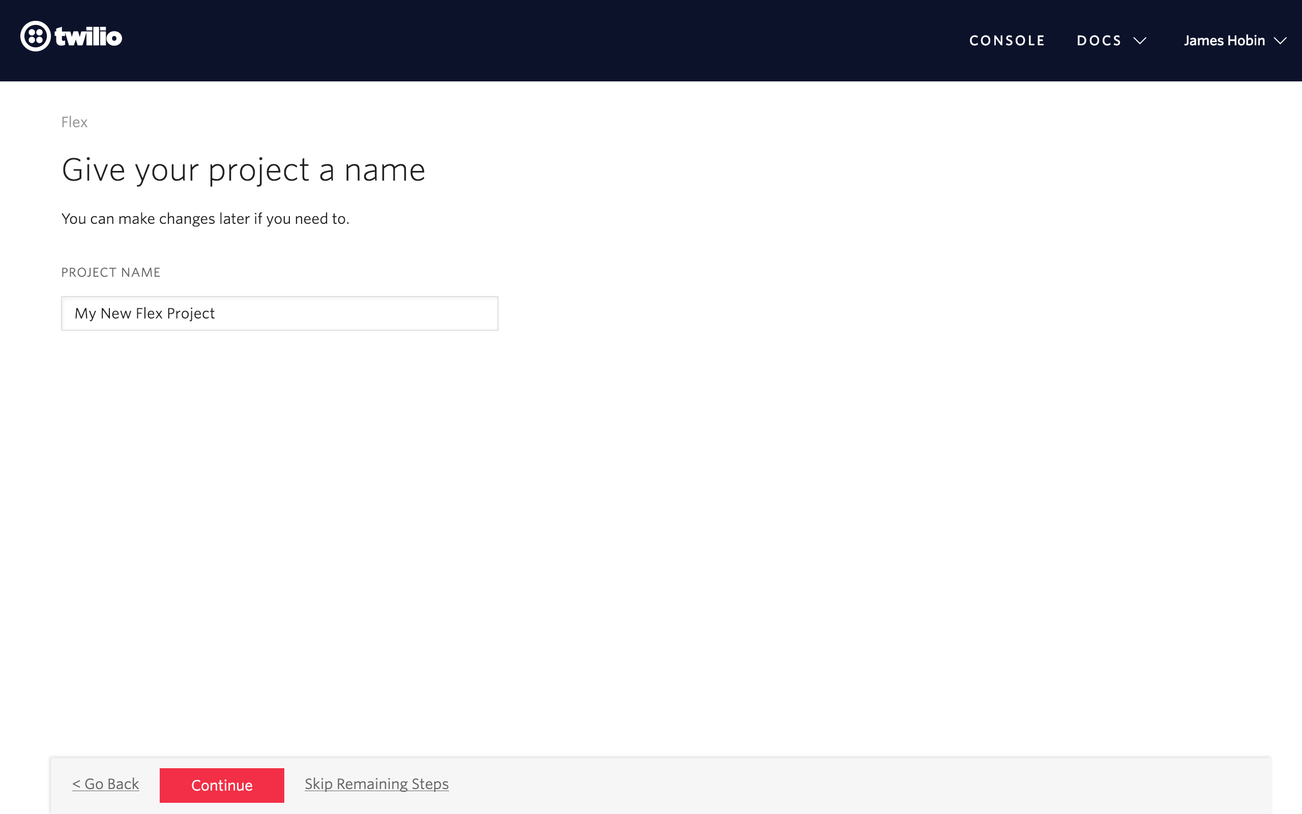 Name prompt in the create project flow