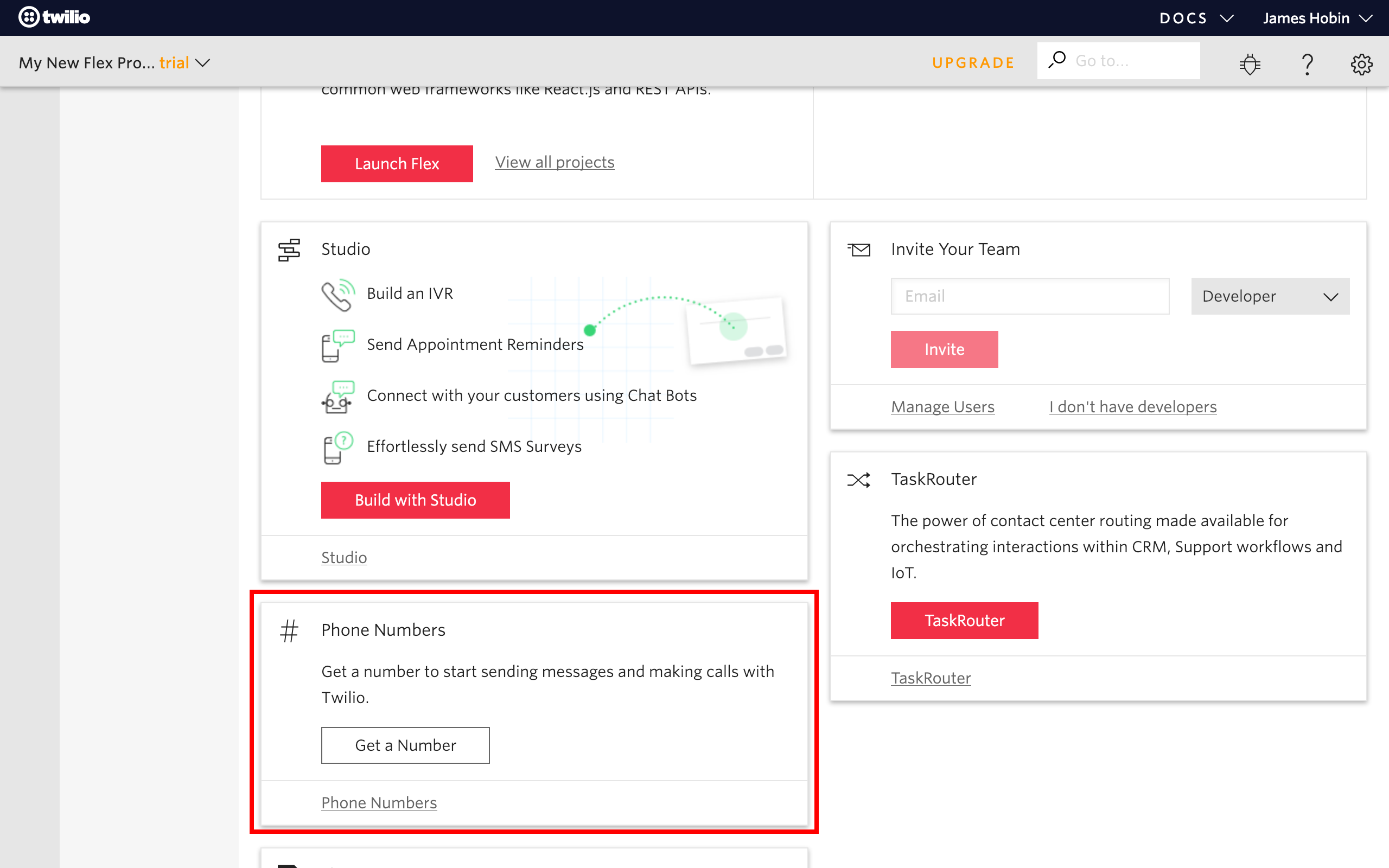 Twilio's console view scrolled down to see phone number section