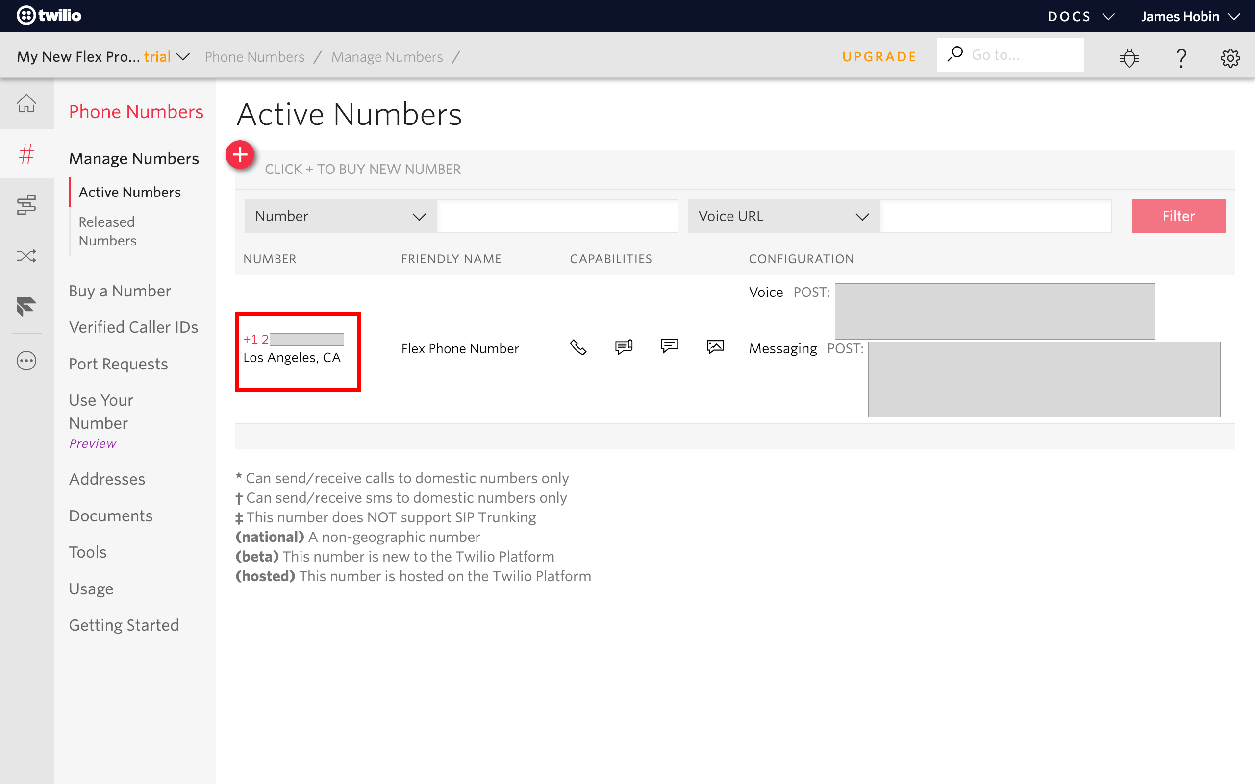 Twilio's phone number section, highlighting the phone number field