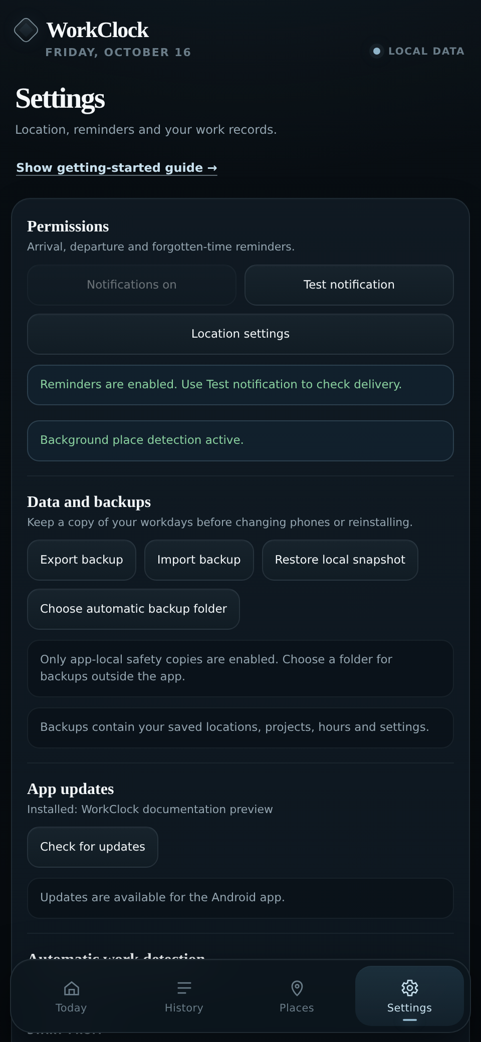 Settings and backup controls