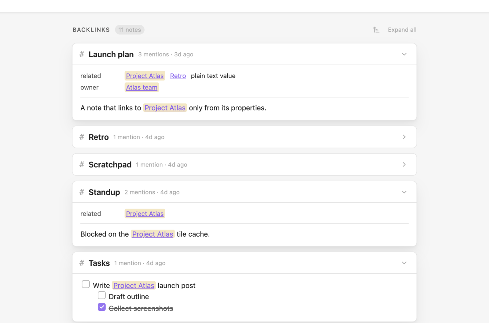 The Backlinks section under a note, with cards showing a property row, a paragraph and a task list