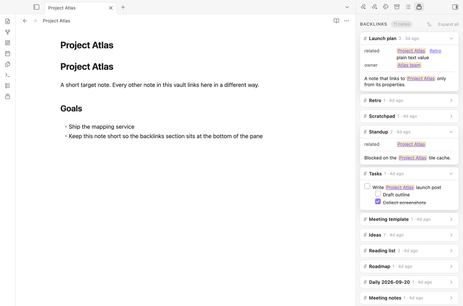 The Better Backlinks sidebar next to a note, with compact cards showing property links, a paragraph and a task list