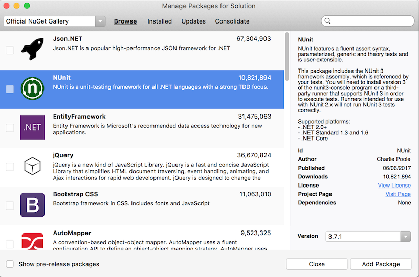 Manage Packages dialog